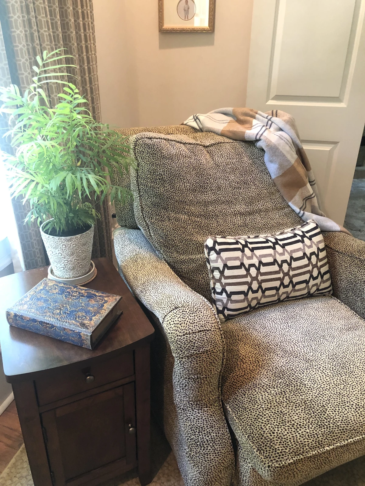 Upholstered reading chair beside a window, with patterned pillows and a leafy plant